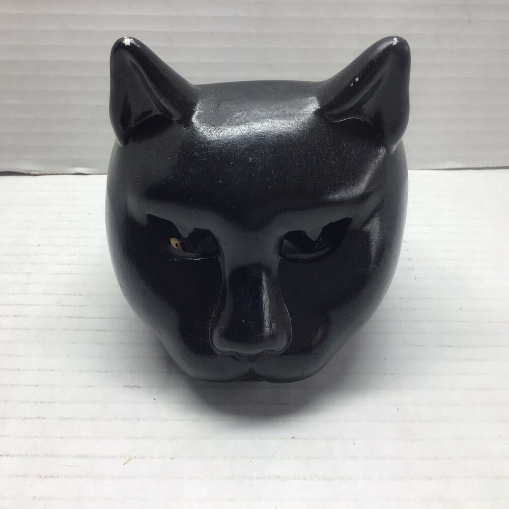 Vtg Black Cat Head Ceramic Candle Holder Cutout Eyes Halloween Tealight 4"